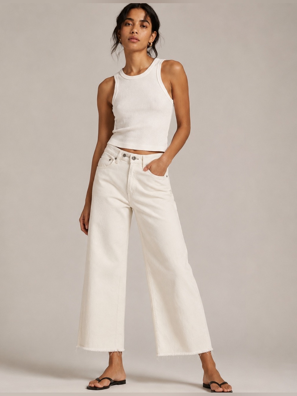 Rag & Bone Wide Leg Raw Hem Jeans Chantry High Rise Off White Ecru 25